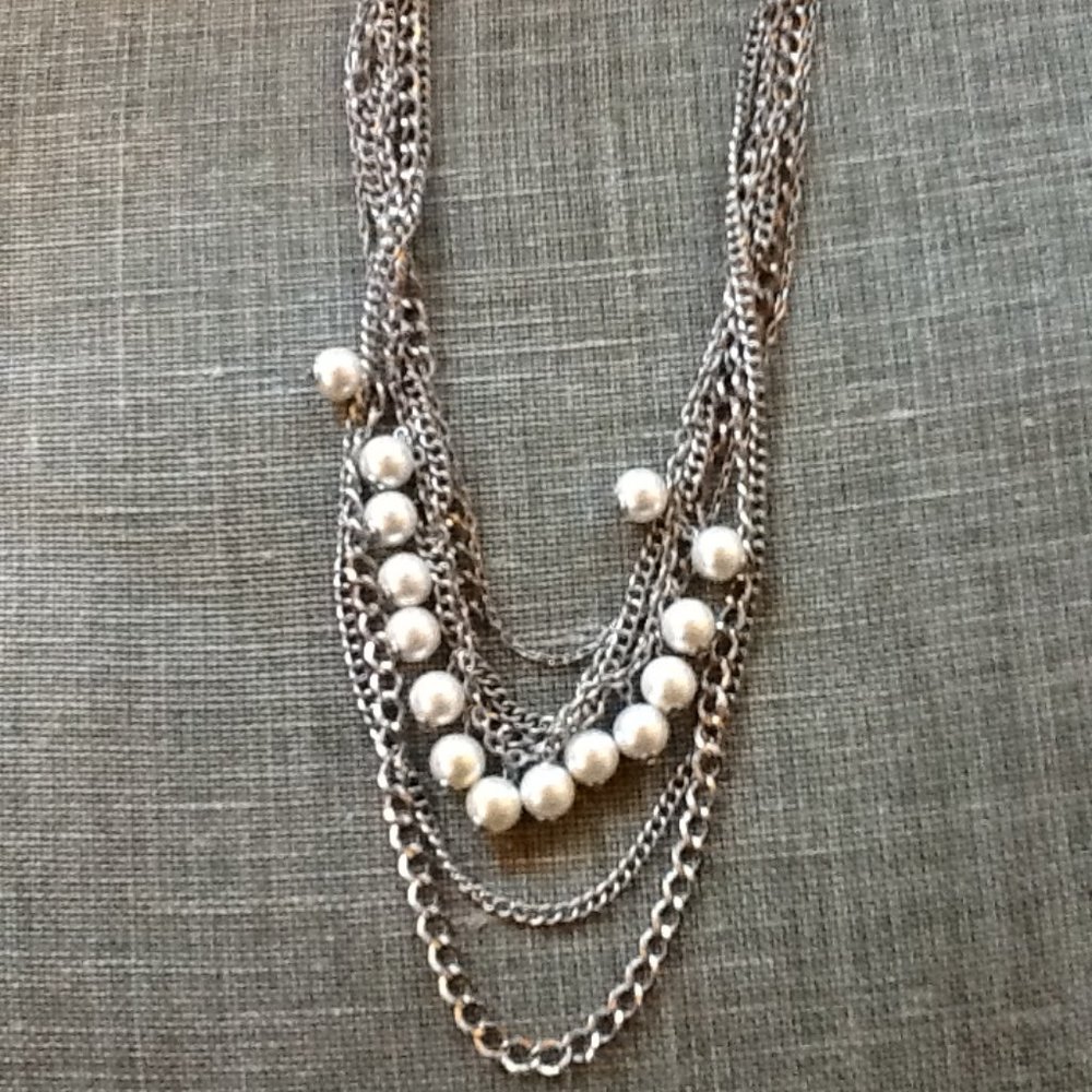 Silver Chains and Pearl Multi Strand Necklace